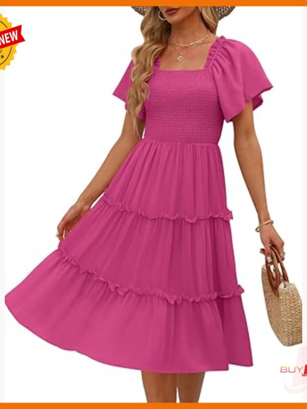 Summer Casual Flutter Sleeve Square Neck Smocked Midi Dress